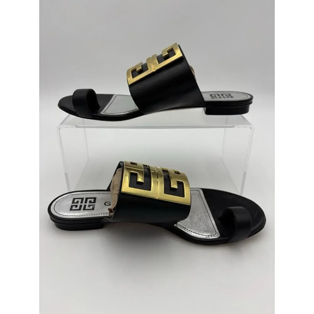 Authentic Givenchy Toe Ring Flat Sandal Black Leather Gold Logo Size 37.5 / 7 - Picture 12 of 12